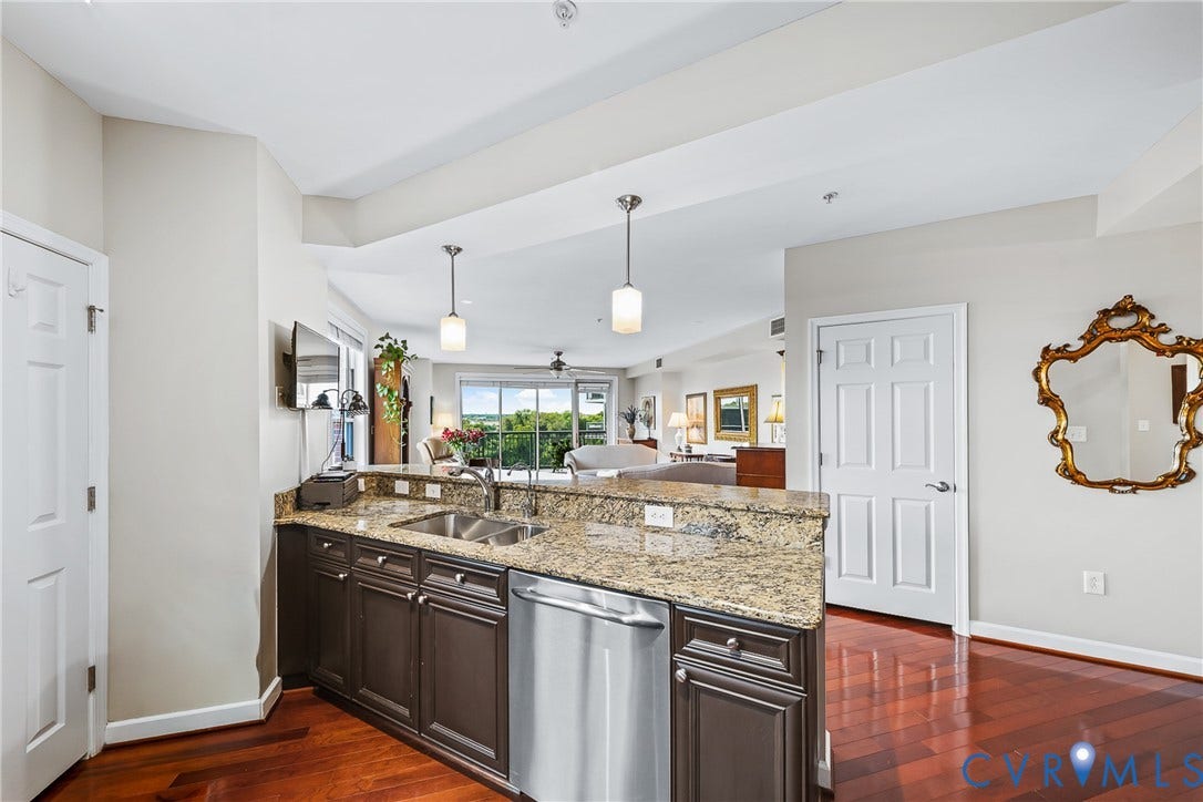 4820 Old Main Street, #503, Sky Line Condo, Richmond, VA 23231 Kitchen peninsula featuring a dual basin stainless steel sink, granite countertop, and stainless steel dishwasher