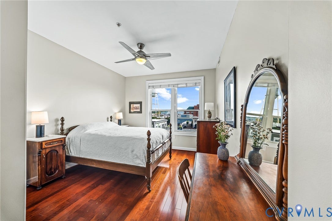 4820 Old Main Street, #503, Sky Line Condo, Richmond, VA 23231 Wood-finish flooring, ceiling fan with integrated lighting, and multiple windows providing ambient light