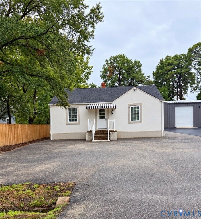 6323 Mallory Drive, Richmond, VA 23226 White exterior with a black shingle roof, complemented by a striped awning above the entry