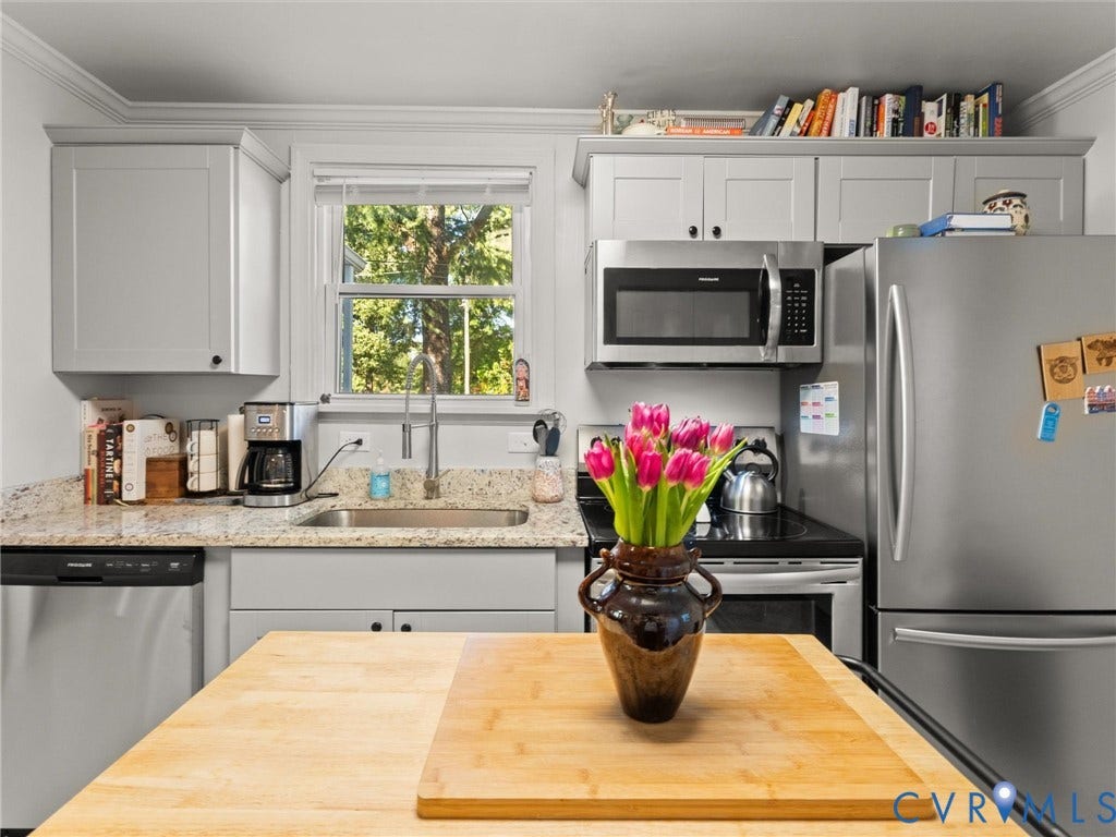 3933 Alma Avenue, Richmond, VA 23222 Kitchen featuring light gray shaker cabinetry, stainless steel appliances, granite countertops, and a stainless steel sink with a gooseneck faucet