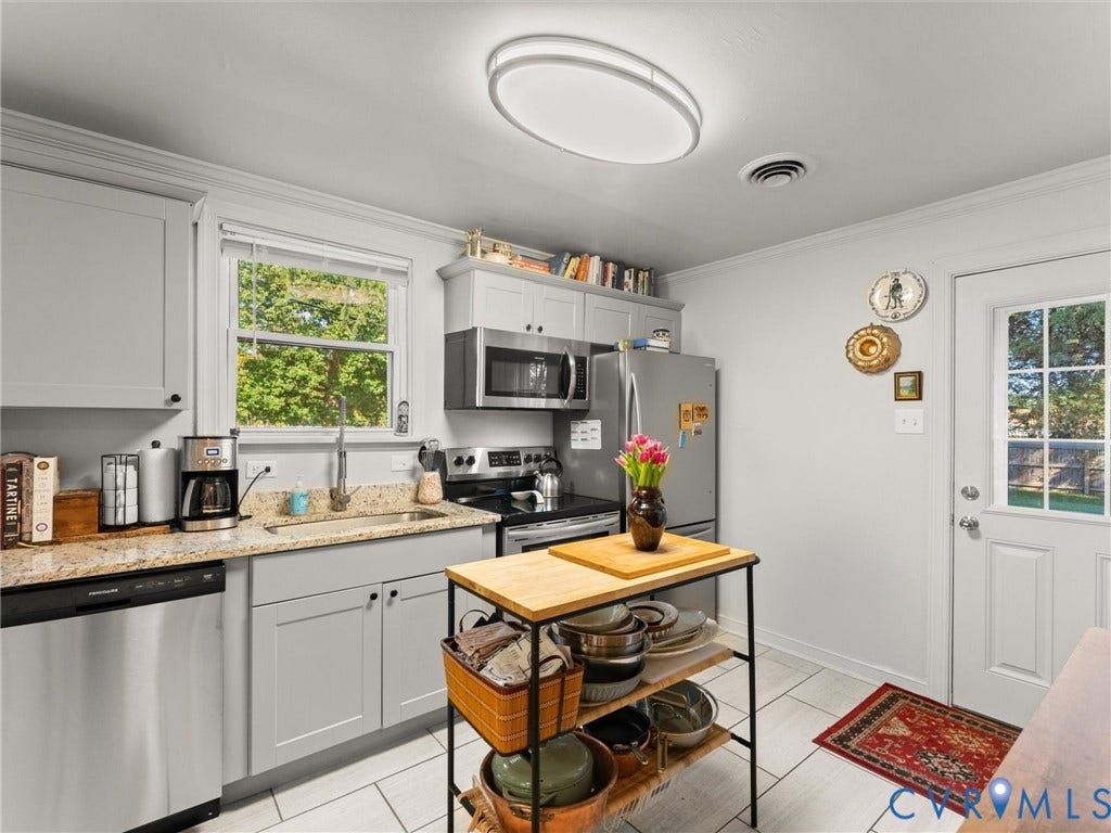 3933 Alma Avenue, Richmond, VA 23222 Kitchen featuring light gray cabinetry, granite countertops, stainless steel appliances, a single-basin sink with a gooseneck faucet, and white tile flooring