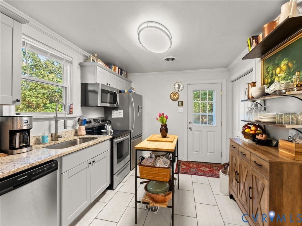 3933 Alma Avenue, Richmond, VA 23222 Kitchen with light-toned cabinetry, stainless steel appliances, and granite-finish countertops