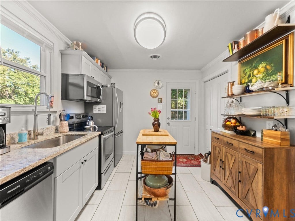 3933 Alma Avenue, Richmond, VA 23222 White tile flooring, stainless steel appliances, light gray cabinetry, and granite countertops