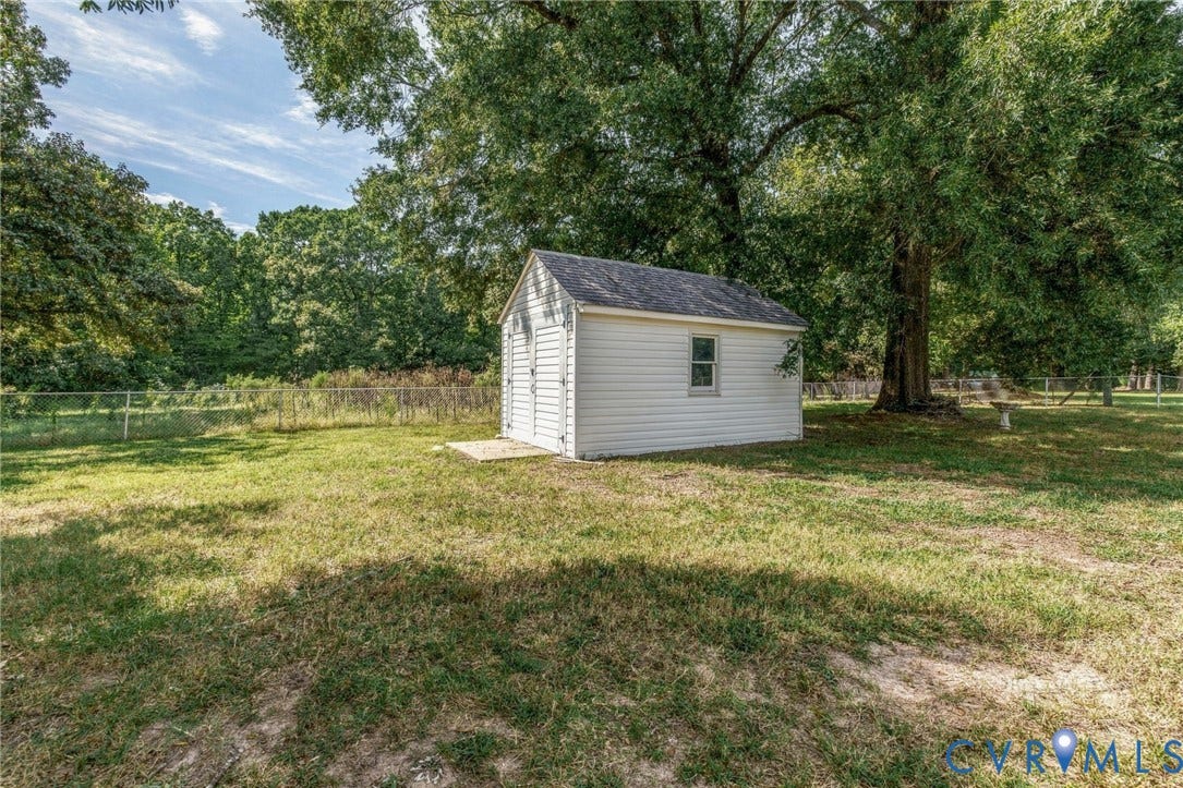 10215 River Road, South Chesterfield, VA 23803 Detached storage shed with siding exterior, small window, and concrete pad