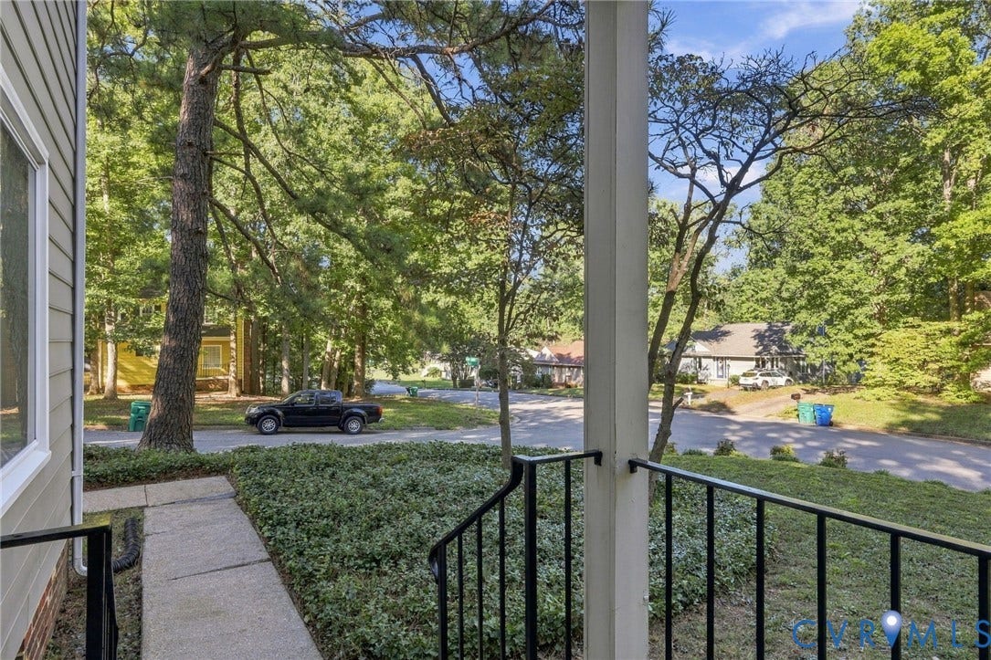 12308 Poplar Forest Drive, Tuckahoe Village, Henrico, VA 23238 Front entry with concrete pathway, black metal railings, and established landscaping