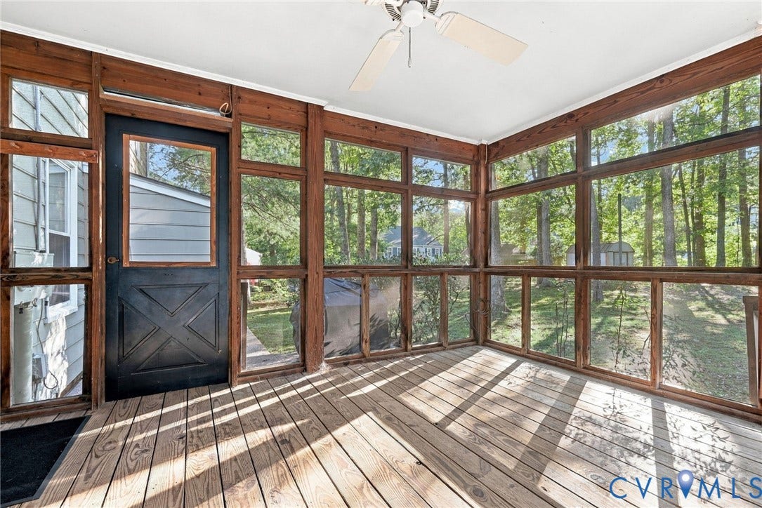 12308 Poplar Forest Drive, Tuckahoe Village, Henrico, VA 23238 Screened-in porch featuring a wood-finish floor, wood-framed panels, and a ceiling fan