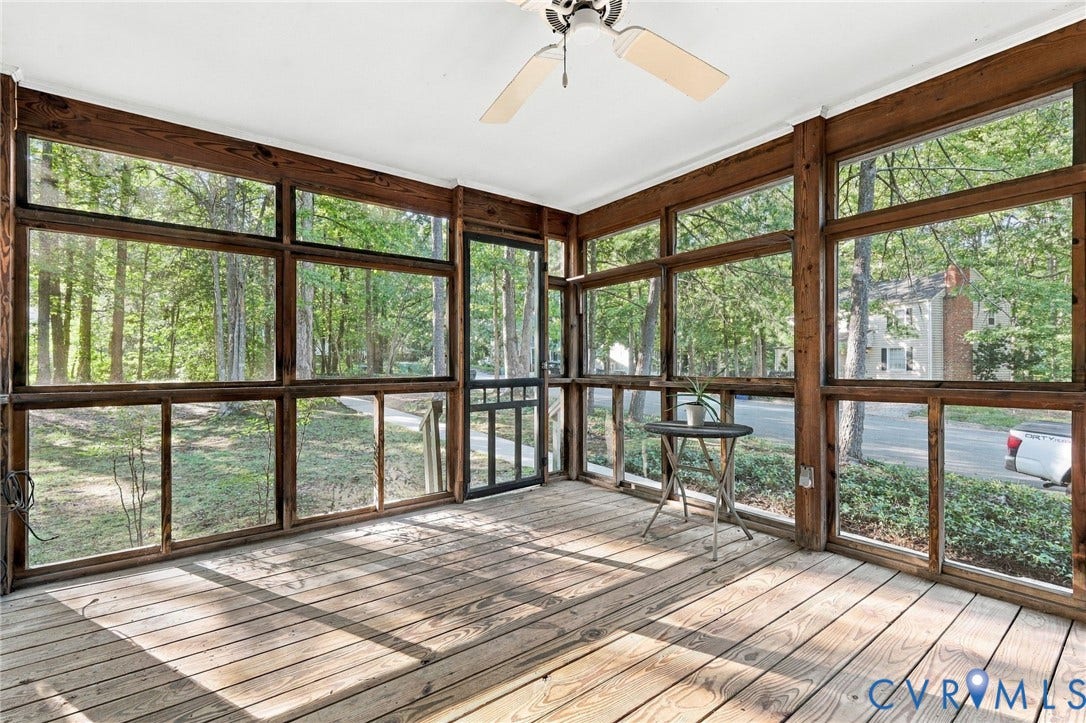 12308 Poplar Forest Drive, Tuckahoe Village, Henrico, VA 23238 Screened porch featuring wood-finish flooring, wood-framed windows, a ceiling fan, and a screened door