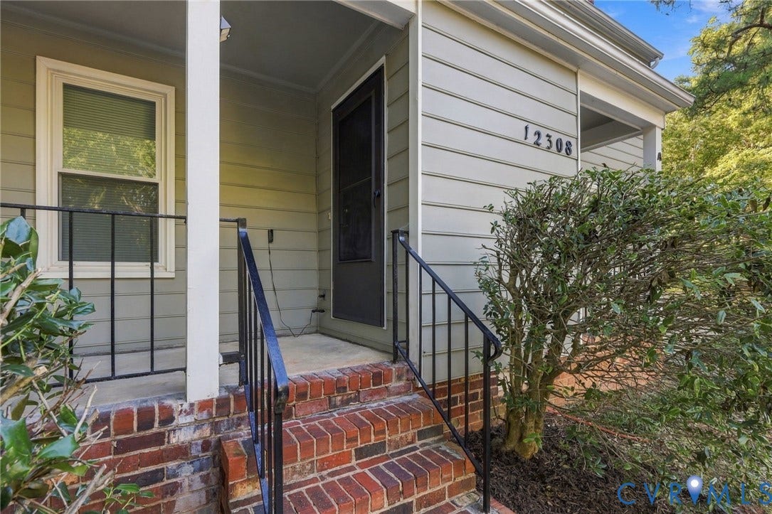 12308 Poplar Forest Drive, Tuckahoe Village, Henrico, VA 23238 Welcoming front entrance featuring a brick staircase with black metal railings, a recessed entry door, and a covered porch
