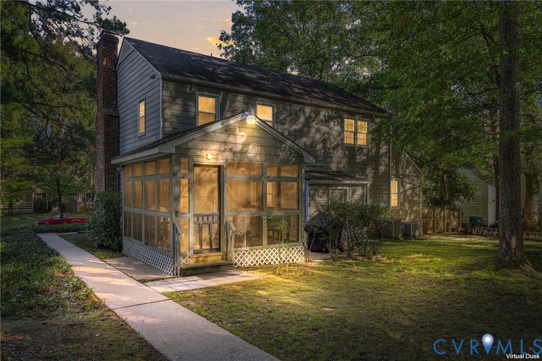 12308 Poplar Forest Drive, Tuckahoe Village, Henrico, VA 23238 Two-story exterior with siding, a screened porch, and a brick chimney