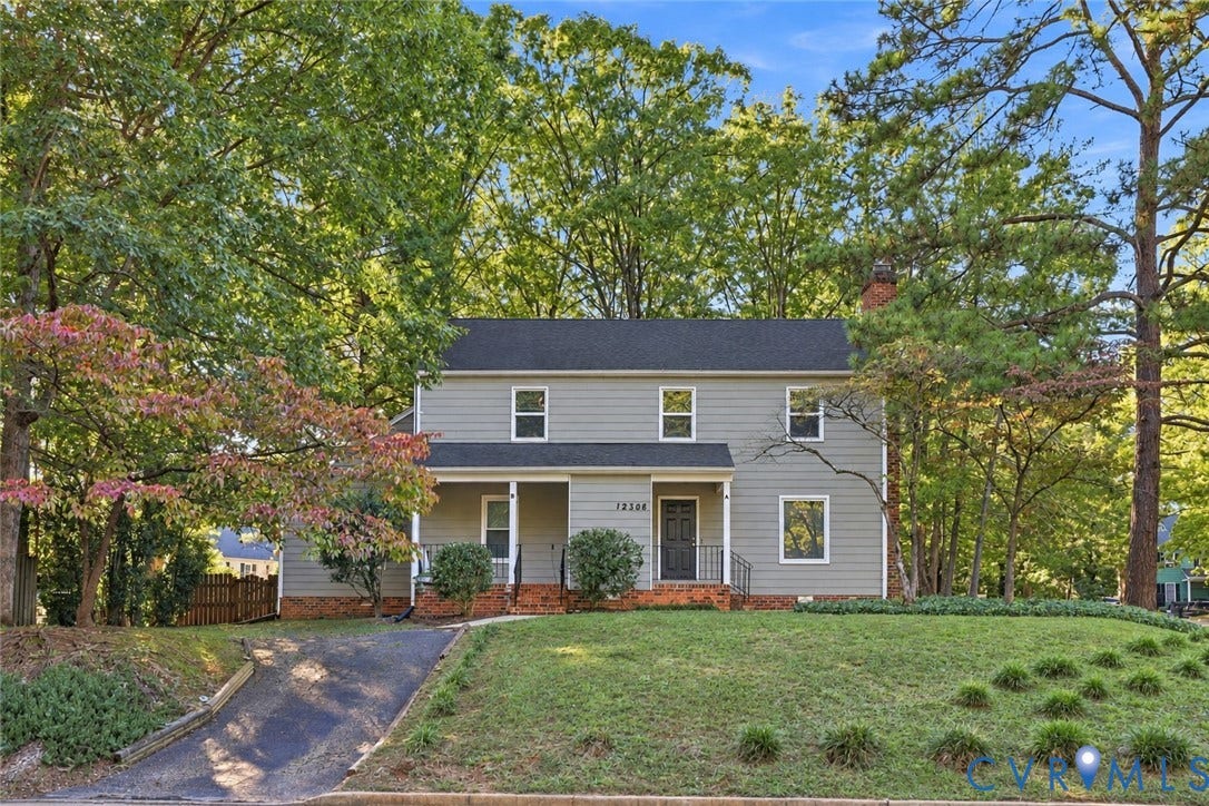 12308 Poplar Forest Drive, Tuckahoe Village, Henrico, VA 23238 Two-story exterior with light gray siding and a dark shingle roof