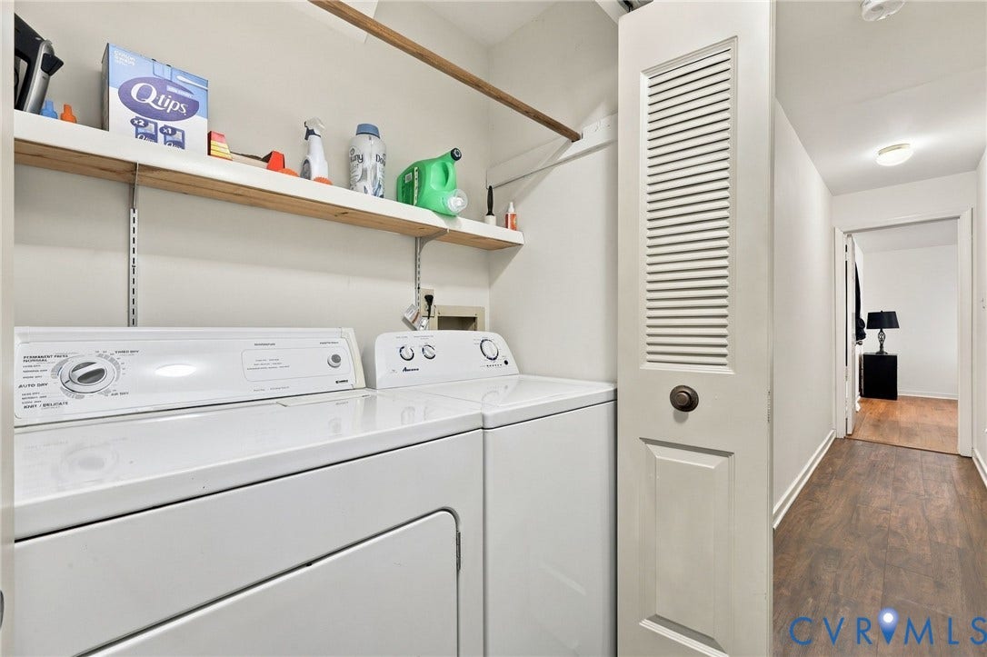 12308 Poplar Forest Drive, Tuckahoe Village, Henrico, VA 23238 Laundry area featuring a top-load washing machine, front-load dryer, and wall-mounted shelving