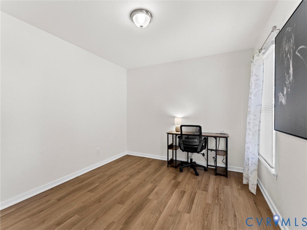 Wood-finish flooring with white trim