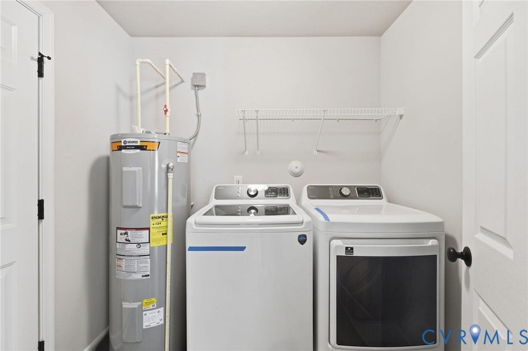 Laundry area featuring white walls, a water heater, and a wire shelving unit