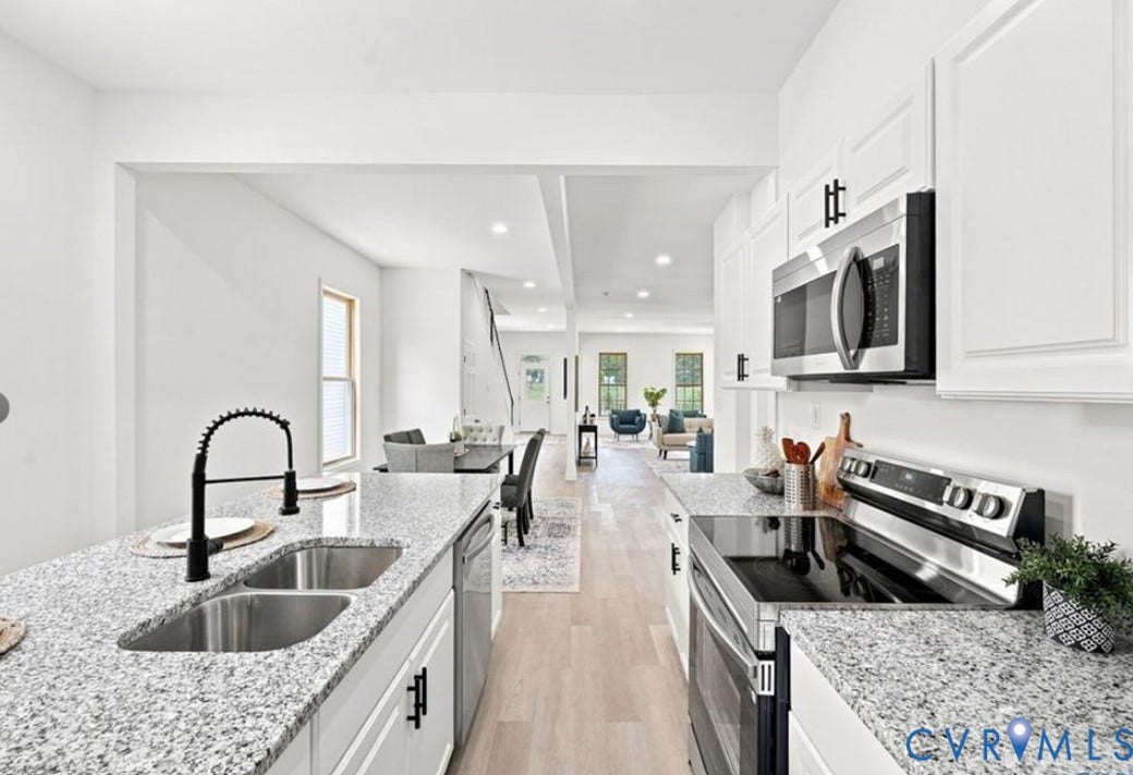 104 E Fillmore Street, Petersburg, VA 23803 Kitchen featuring granite countertops, stainless steel appliances, white cabinetry, a dual basin sink with a black coiled faucet, and wood-finish flooring
