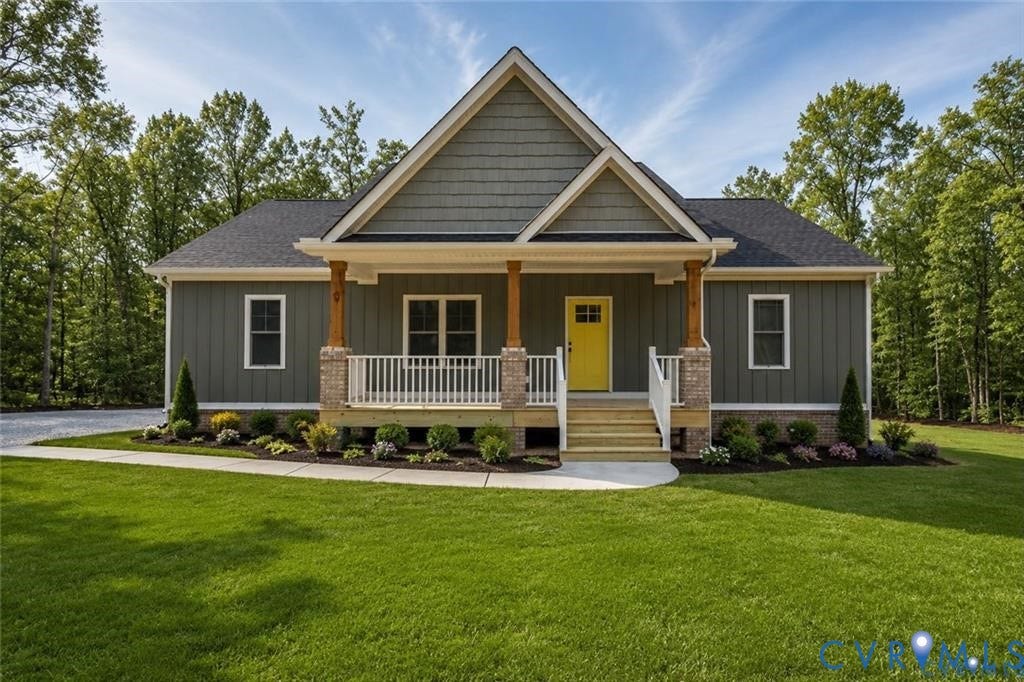 5301 Chimney Springs Drive, Goochland, VA 23063 Gable roofline with shingle siding, board and batten siding, stone-wrapped porch columns, wood porch columns, and a bright yellow entry door
