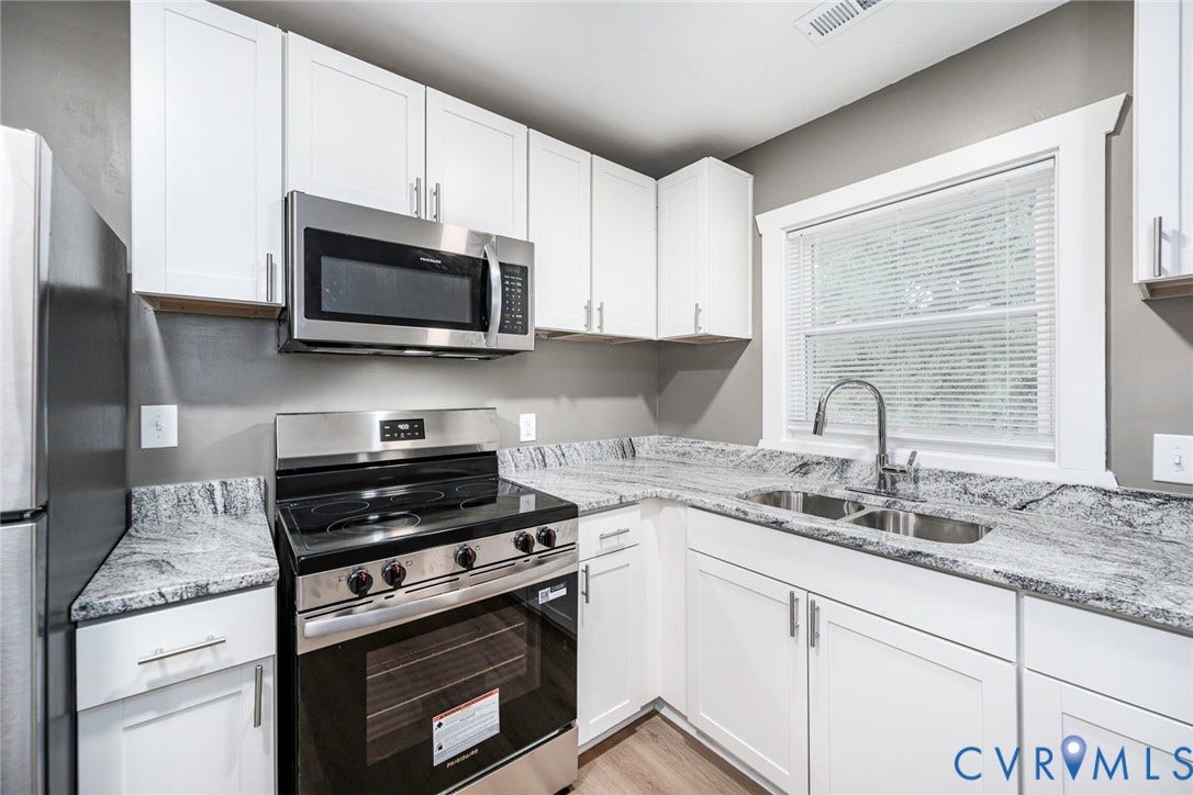 634 Fayette Avenue, Richmond, VA 23222 White shaker-style cabinetry, stainless steel appliances, light-toned countertops, and a double basin sink with a gooseneck faucet