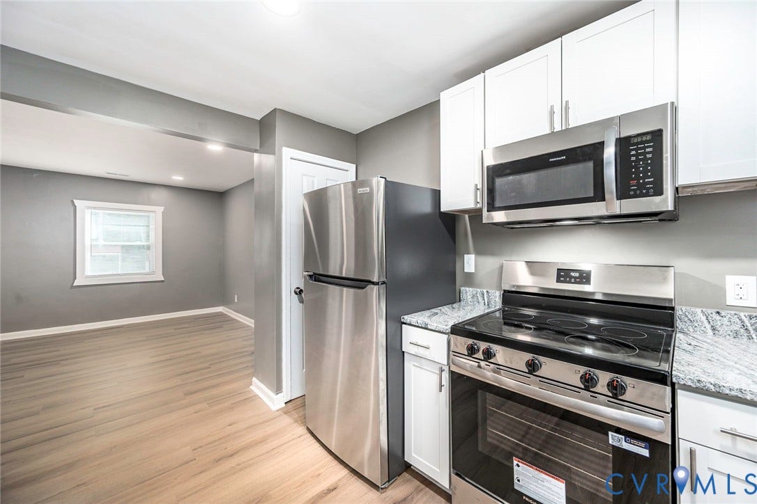 634 Fayette Avenue, Richmond, VA 23222 Kitchen featuring white cabinetry, stainless steel appliances, and granite-look countertops