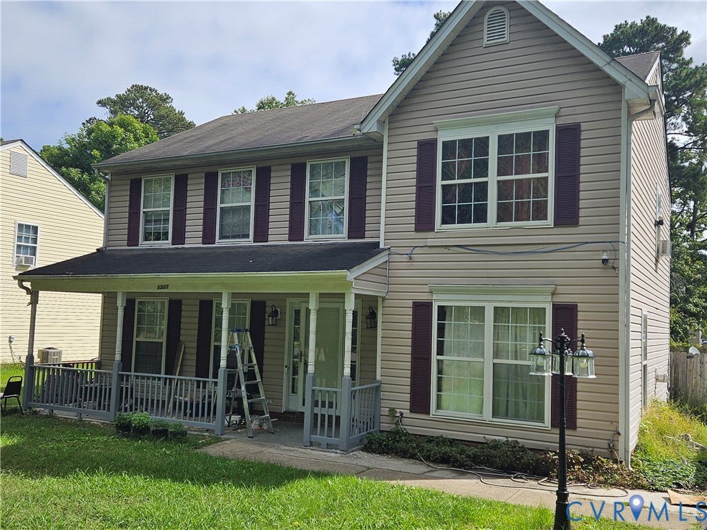1307 Spruance Road, Outten Woods, Richmond, VA 23225 Two-story exterior with vinyl siding, covered front porch, and decorative shutters
