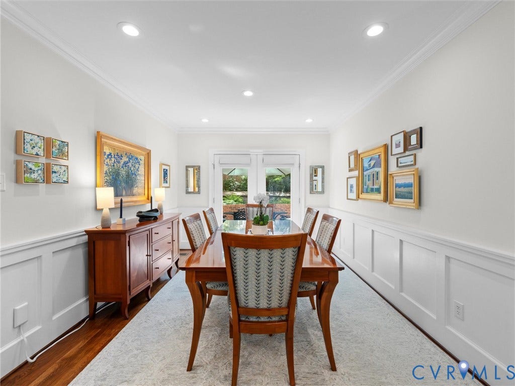 7723 Stuart Hall Road, Rollingwood Terrace, Henrico, VA 23229 Recessed lighting, crown molding, wood-finish flooring, wainscoting, and a glass-paneled door