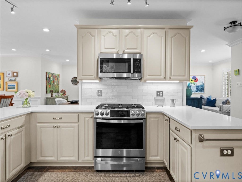 7723 Stuart Hall Road, Rollingwood Terrace, Henrico, VA 23229 Kitchen featuring stainless steel range, built-in microwave, white subway tile backsplash, light-toned cabinetry, and white countertops