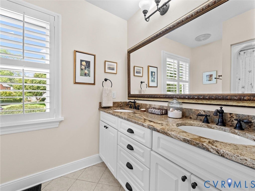 7723 Stuart Hall Road, Rollingwood Terrace, Henrico, VA 23229 Dual vanity with granite countertop, white cabinetry, and matte black fixtures