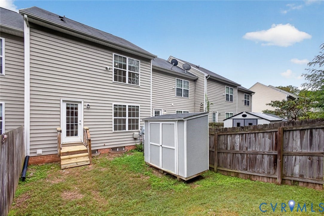 Storage shed and fenced backyard