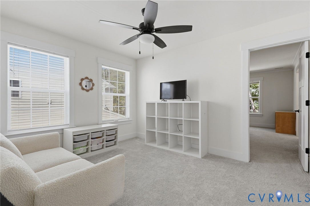 6142 Jackline Run, Watermark, Chesterfield, VA 23234 White walls, light gray carpeting, two windows with white blinds, and a black ceiling fan