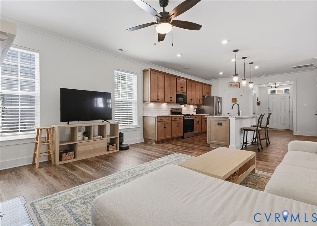 6142 Jackline Run, Watermark, Chesterfield, VA 23234 Open-concept living area featuring wood-finish flooring, recessed lighting, a ceiling fan, and white window blinds