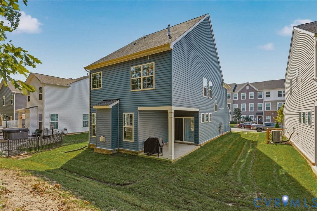 6142 Jackline Run, Watermark, Chesterfield, VA 23234 Blue siding exterior with white trim, a covered patio, and a sliding glass door
