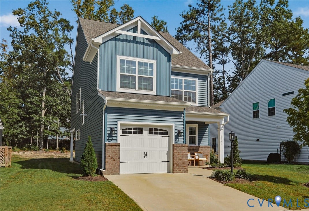 6142 Jackline Run, Watermark, Chesterfield, VA 23234 Contemporary two-story exterior with horizontal and vertical siding accents, an attached garage, a paved driveway, and mature landscaping