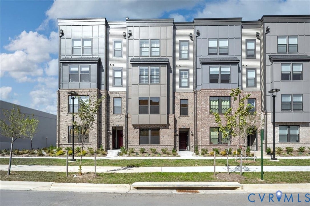 9690 Turning Point Dr, #A, 4E300, Glen Allen, VA 23059 Modern townhome facade featuring a brick lower level, multi-pane windows, and a mix of horizontal and vertical siding