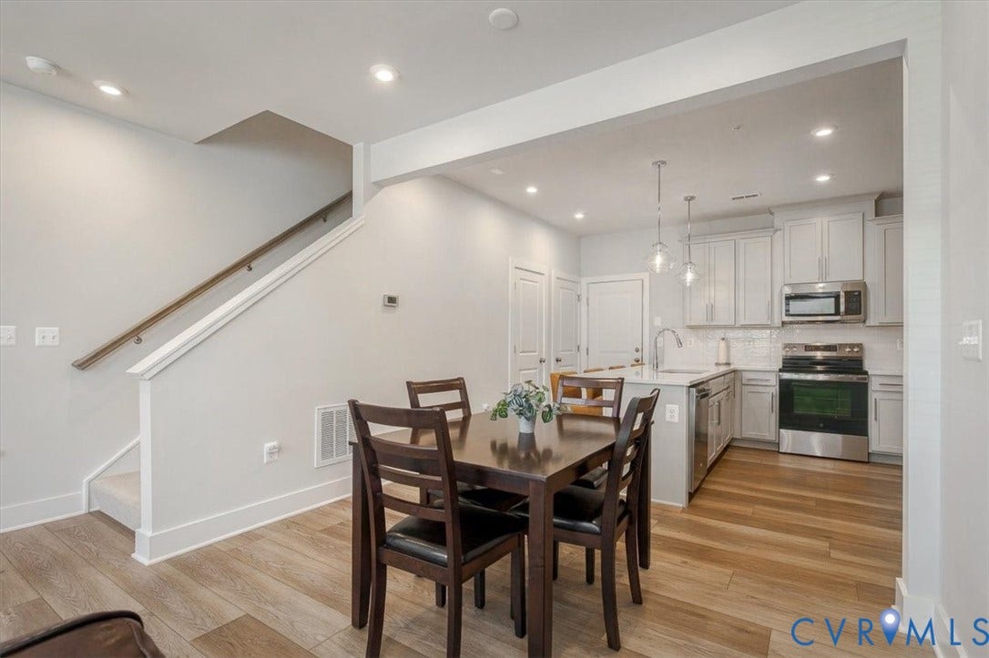 9690 Turning Point Dr, #A, 4E300, Glen Allen, VA 23059 Open-concept living area featuring light wood-finish flooring, recessed lighting, and a contemporary kitchen with white shaker cabinetry, stainless steel appliances, and a white tile backsplash