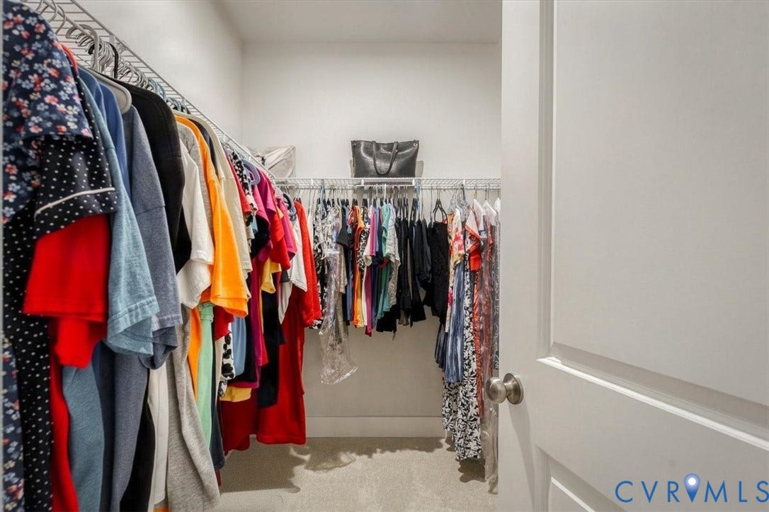 9690 Turning Point Dr, #A, 4E300, Glen Allen, VA 23059 Walk-in closet with carpet flooring, wire shelving, and a paneled door with a brushed nickel knob