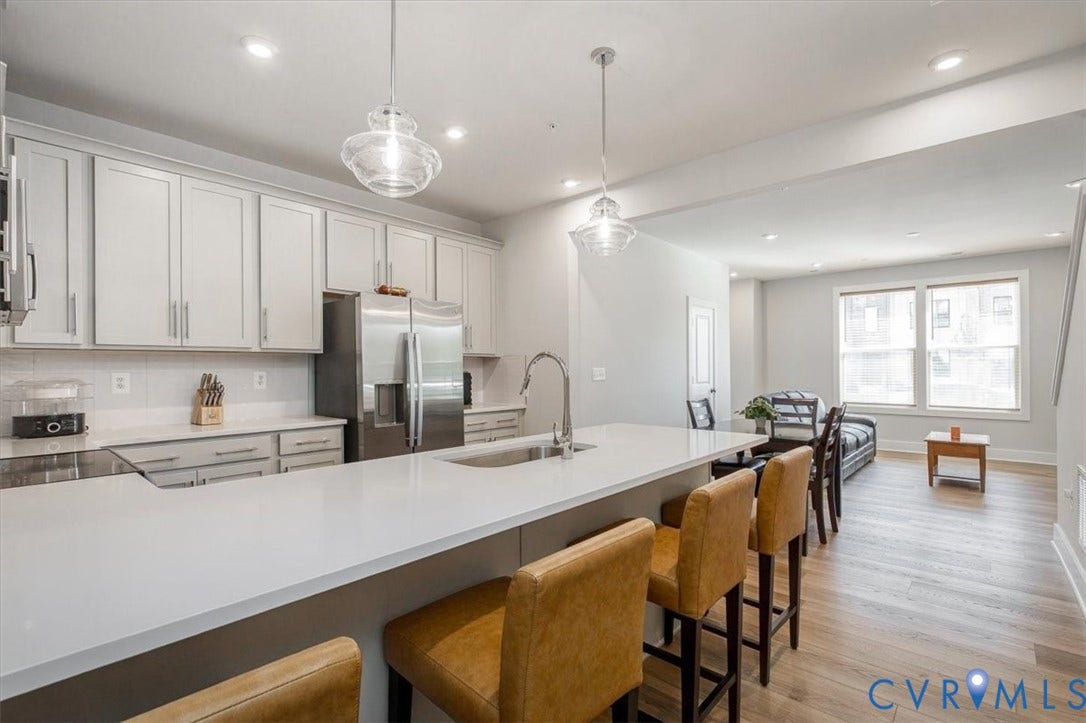 9690 Turning Point Dr, #A, 4E300, Glen Allen, VA 23059 Contemporary kitchen featuring stainless steel appliances, a center island with sink, and pendant lighting