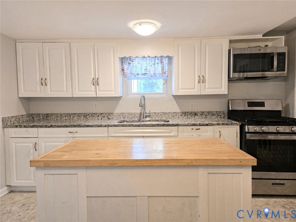 1223 Paul Street, Hillcrest, Petersburg, VA 23803 Kitchen featuring white cabinetry, granite-style countertops, an undermount sink, and stainless steel appliances