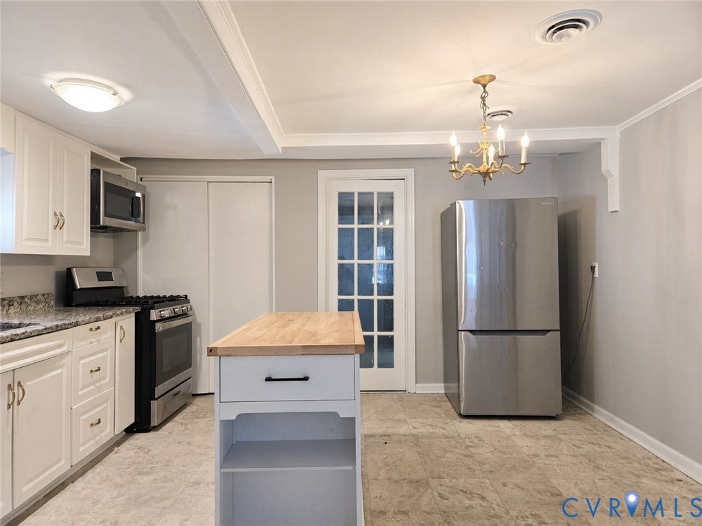 1223 Paul Street, Hillcrest, Petersburg, VA 23803 Kitchen featuring white shaker-style cabinetry, stainless steel appliances, granite-style countertops, and a butcher block island