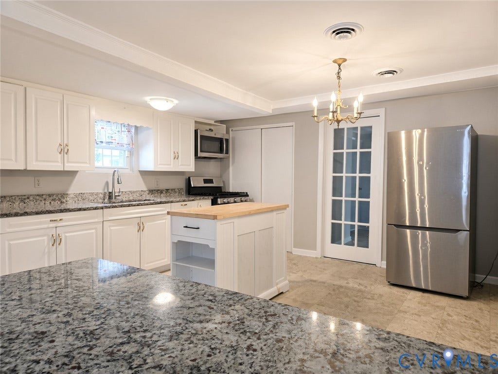 1223 Paul Street, Hillcrest, Petersburg, VA 23803 White cabinetry with gold-tone hardware and contrasting granite countertops