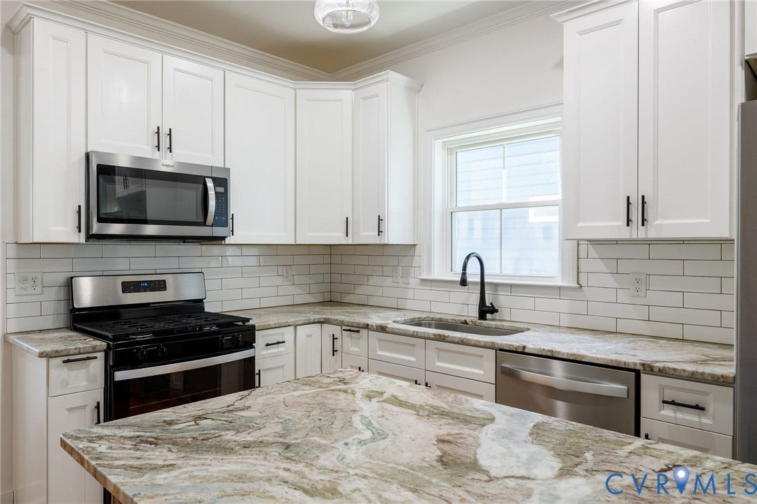 2902 Lawson Street, Richmond, VA 23224 Kitchen featuring white cabinetry, stone countertops, a subway tile backsplash, stainless steel appliances, and a matte black gooseneck faucet