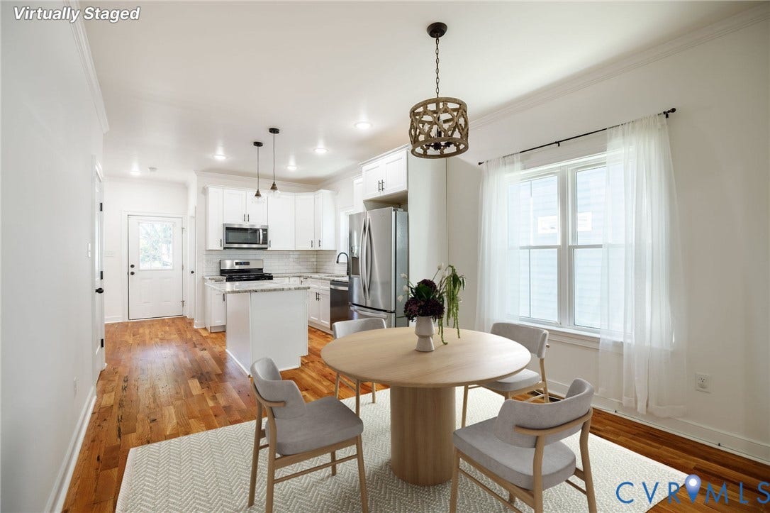 2902 Lawson Street, Richmond, VA 23224 Kitchen featuring white shaker-style cabinetry, stone countertops, stainless steel appliances, wood-finish flooring, and a decorative drum pendant light