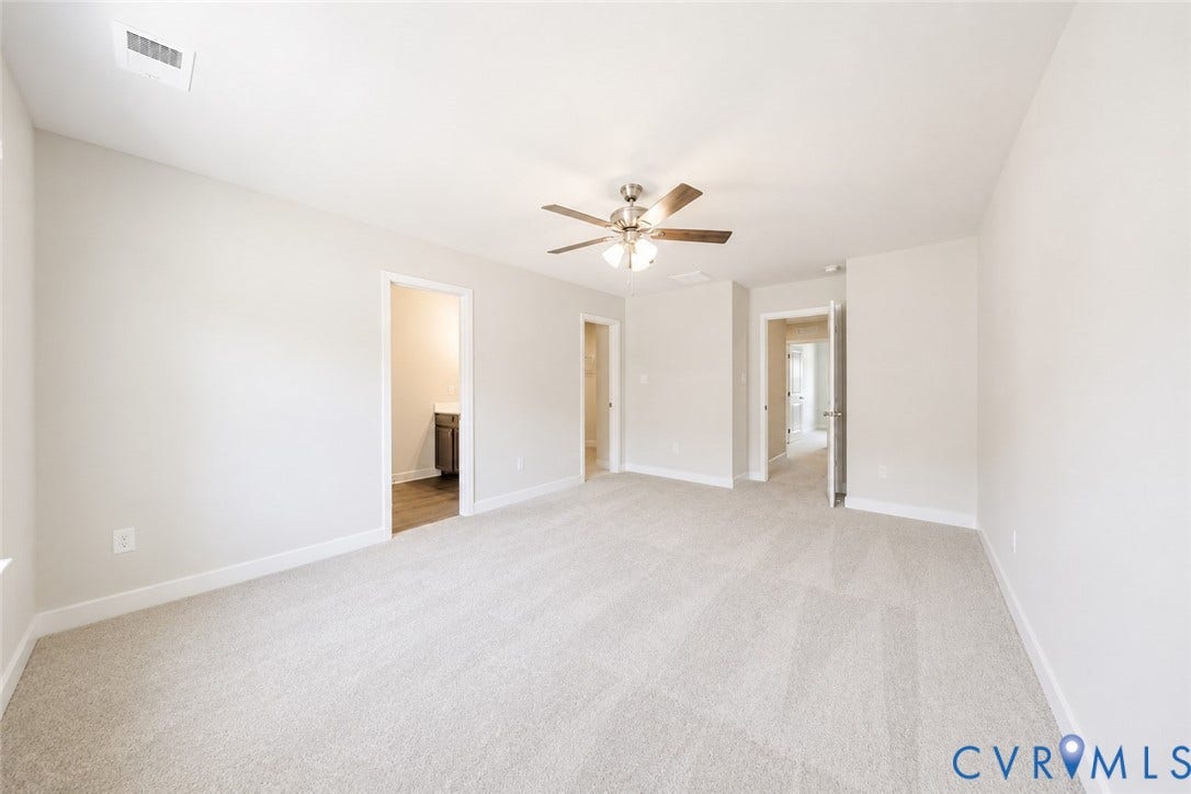 10607 Pink Lilly Lane, Chester, VA 23831 Recessed lighting, ceiling fan with wood-finish blades, and neutral-toned carpeting