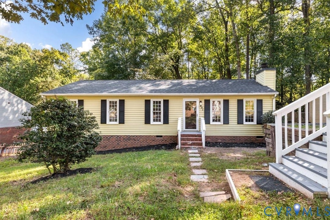 3031 Speeks Drive, Midlothian, VA 23112 Yellow siding exterior with a dark shingle roof, brick foundation, and dark window shutters