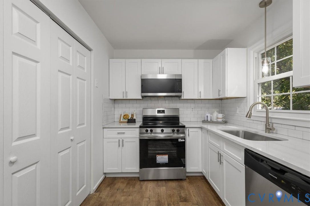 3031 Speeks Drive, Midlothian, VA 23112 White cabinetry, wood-finish flooring, stainless steel appliances, subway tile backsplash, and a stainless steel sink with a gooseneck faucet