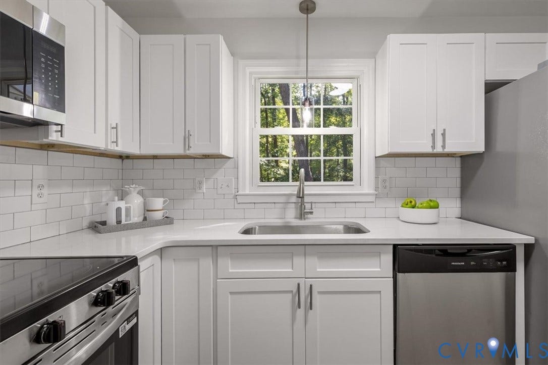 3031 Speeks Drive, Midlothian, VA 23112 White shaker-style cabinetry, subway tile backsplash, stainless steel appliances, corner sink, and a window with natural light