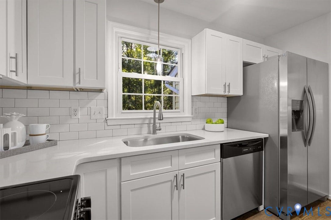 3031 Speeks Drive, Midlothian, VA 23112 White shaker-style cabinetry, stainless steel appliances, subway tile backsplash, white countertops, and a stainless steel sink
