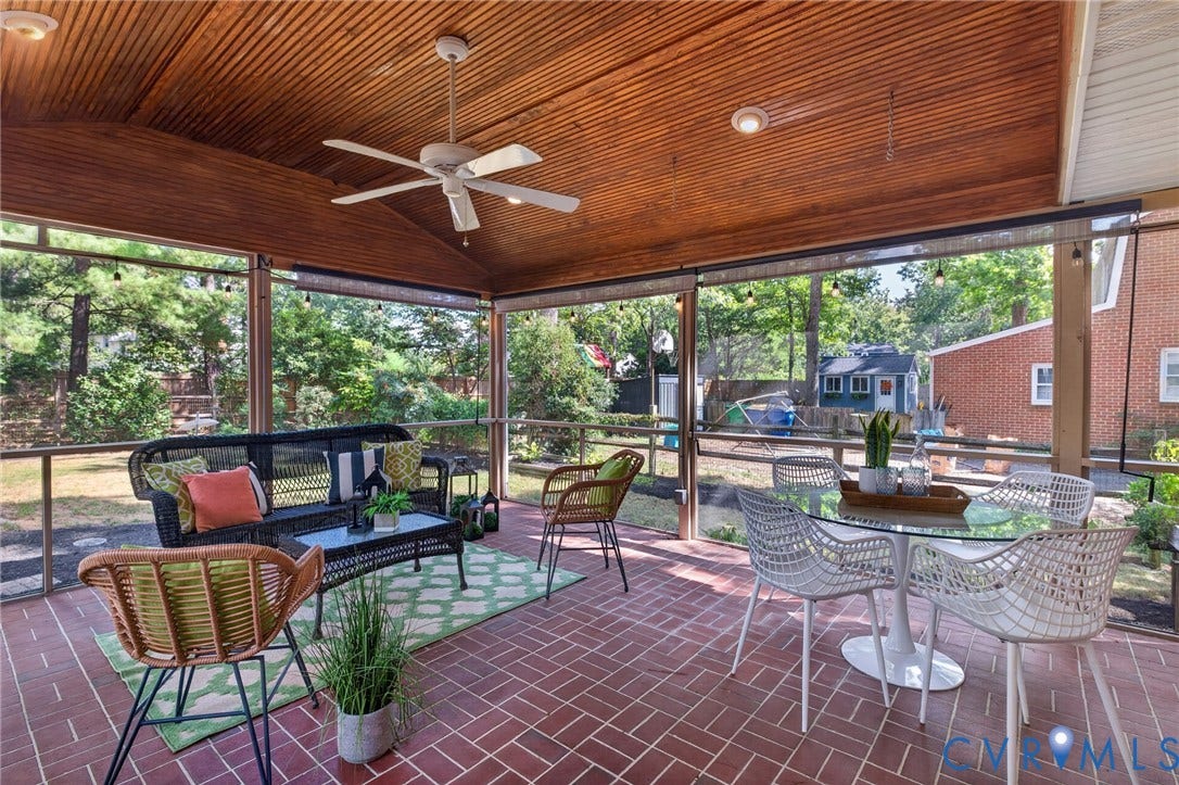 Screen Porch with brick pavers & tongue & groove ceiling