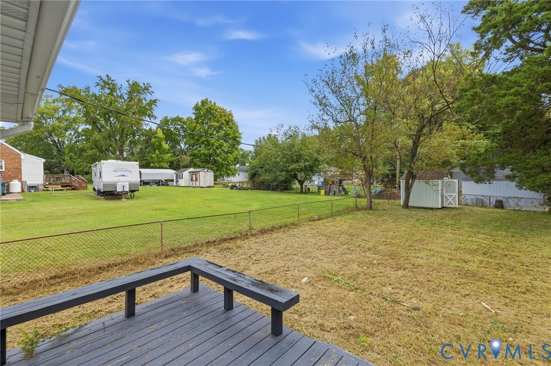 5901 Bonneau Road, Richmond, VA 23227 Expansive outdoor space featuring a wood deck, chain link fencing, and mature trees