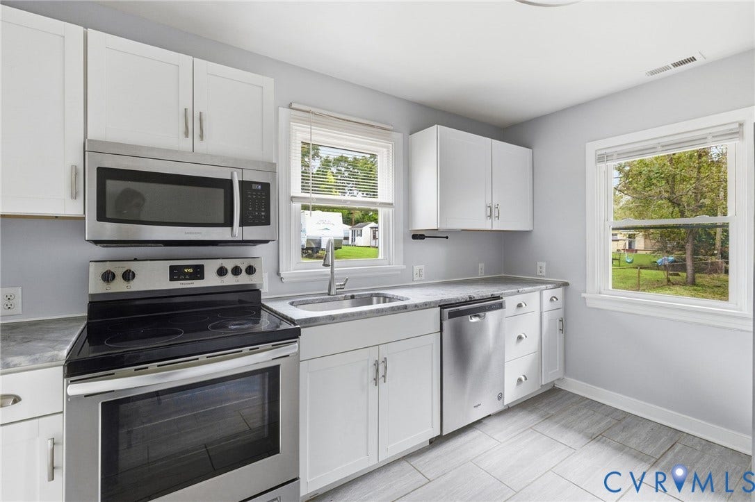 5901 Bonneau Road, Richmond, VA 23227 White shaker-style cabinetry, stainless steel appliances, speckled countertops, undermount sink with a gooseneck faucet, and tiled flooring