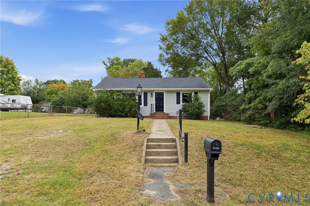 5901 Bonneau Road, Richmond, VA 23227 Single-story residence featuring light-colored siding, a dark roof, and a front entry with steps