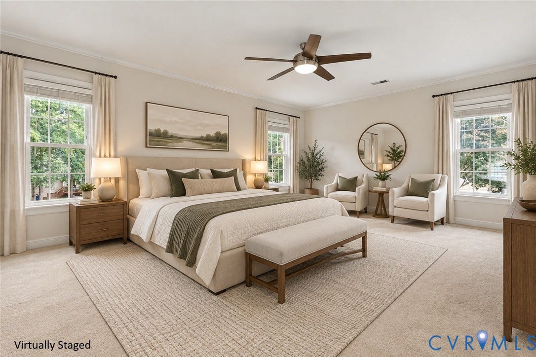 11100 Glen Hollow Court, Henrico, VA 23233 Spacious room featuring broadloom carpeting, a multi-pane window, and a ceiling fan with integrated lighting