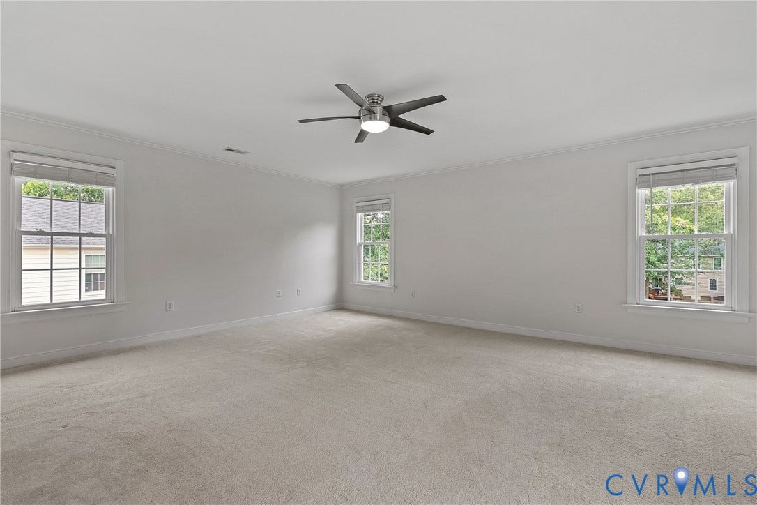 11100 Glen Hollow Court, Henrico, VA 23233 Spacious room featuring neutral carpeting, white walls, multiple windows, crown molding, and a ceiling fan
